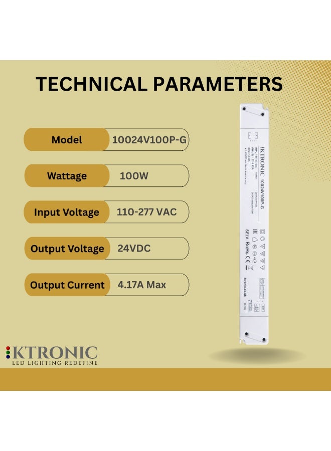KTRONIC 100W 24V LED Driver – Ultra Slim LED Driver, 110-277VAC to 24V DC 4.17A MAX. - Image 2